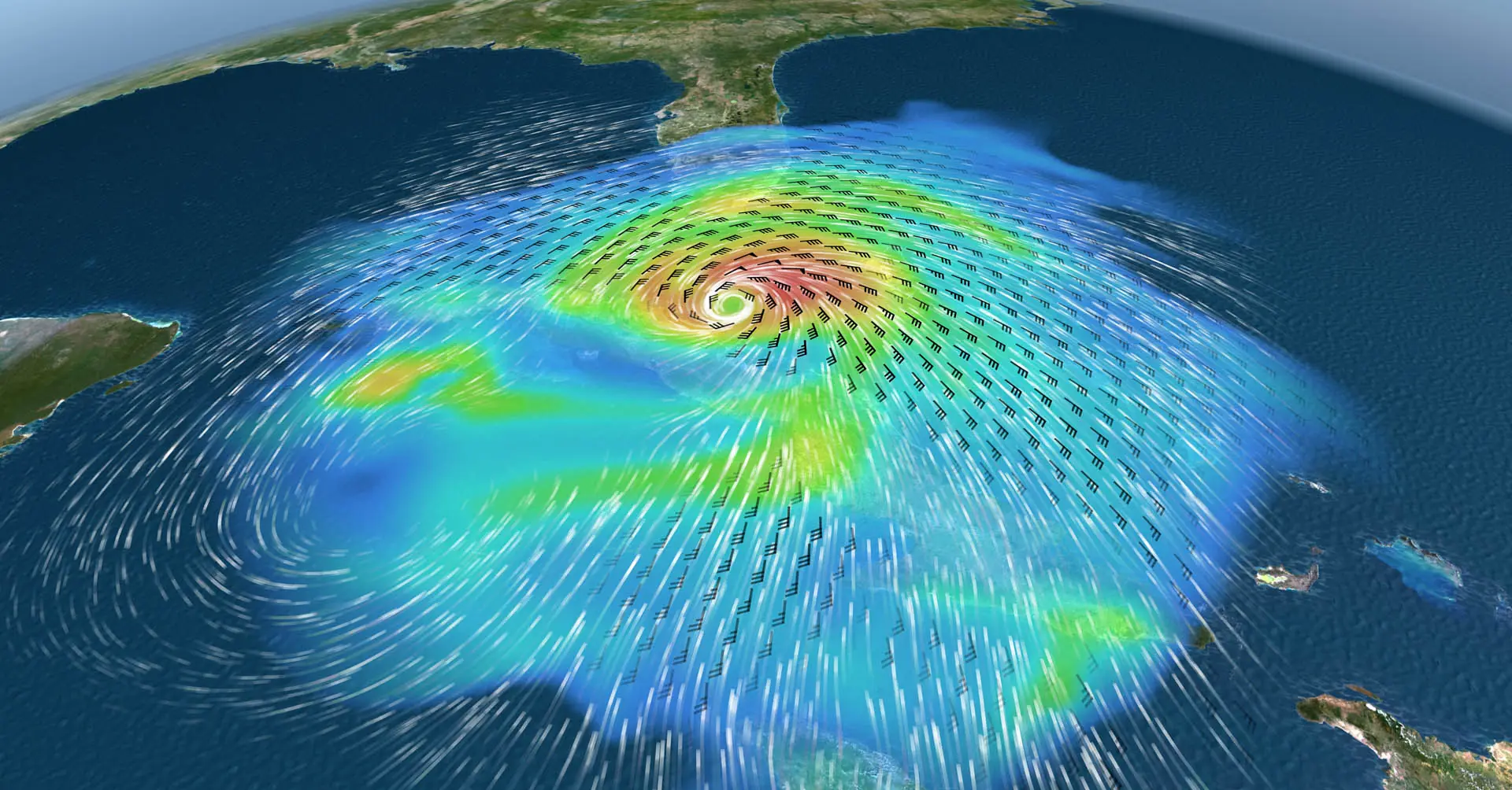 3D TriVis visualisation of a hurricane with wind arrows over the sea