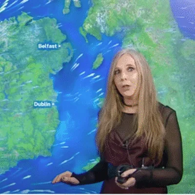 Met Éireann weather presenter in front of a TriVis weather map of Ireland