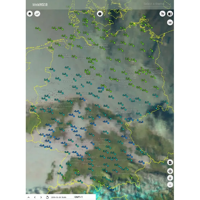 trivisWS on a tablet showing a satellite map with weather stations