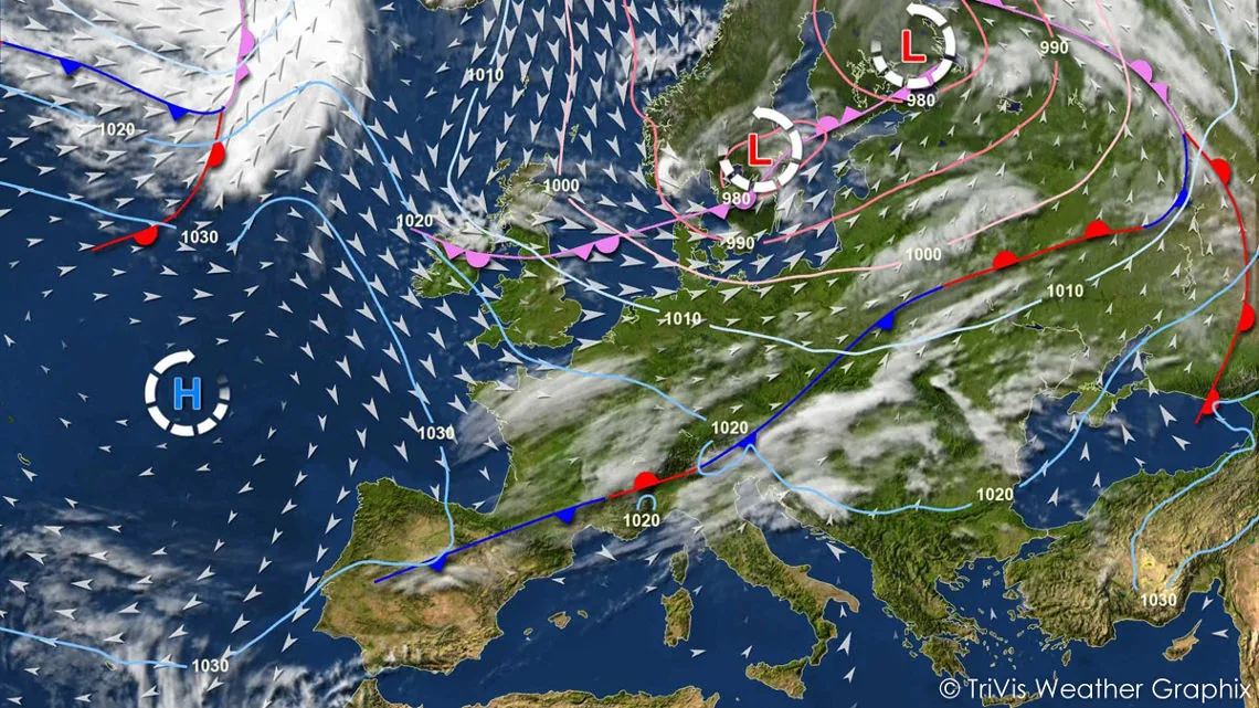 TriVis weather map of Europe with fronts, pressure centres and wind arrows