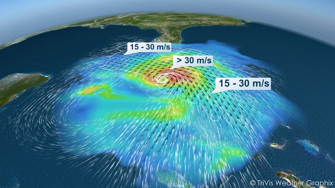 3D TriVis visualisation of a hurricane with wind speed zones