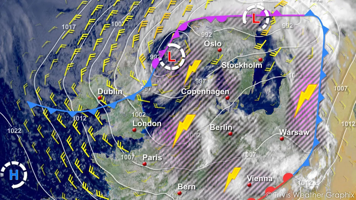 TriVis weather map of northern Europe with fronts, wind and lightning