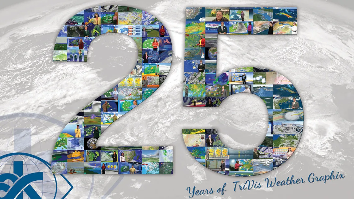 Collage of TriVis weather graphics forming the number 25 for 25 years of TriVis Weather Graphix